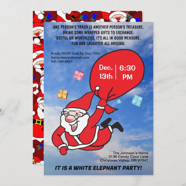 Flying Santa Blue Sky White Elephant Party Invitation (Front/Back)