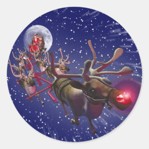 Flying Santa Claus Red Nosed Reindeer Classic Round Sticker