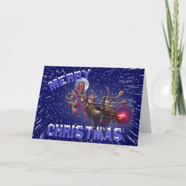 Flying Santa Claus Red Nosed Reindeer Holiday Card (Front)