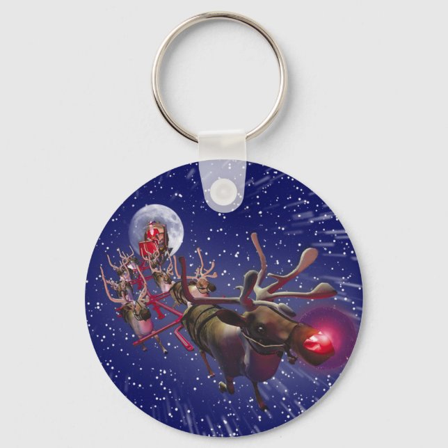 Flying Santa Claus Red Nosed Reindeer Key Ring (Front)