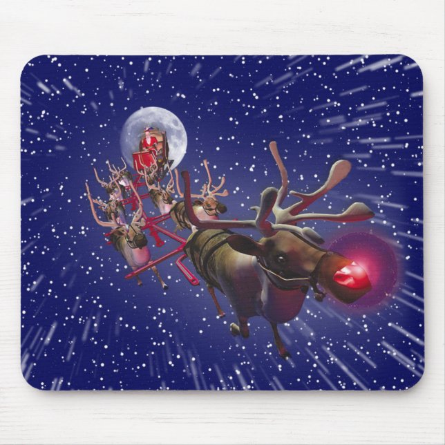 Flying Santa Claus Red Nosed Reindeer Mouse Mat (Front)