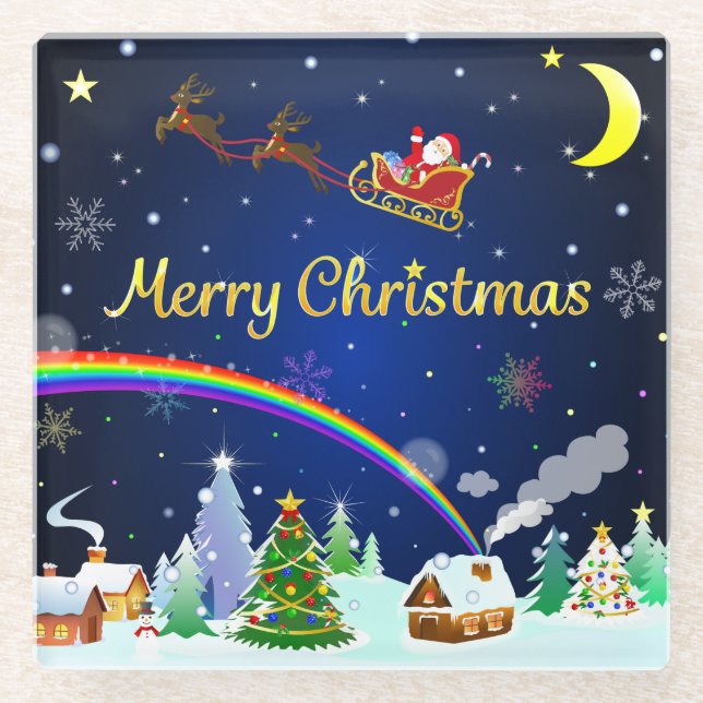 Flying Santa Claus with Crescent Moon Glass Coaster (Front)
