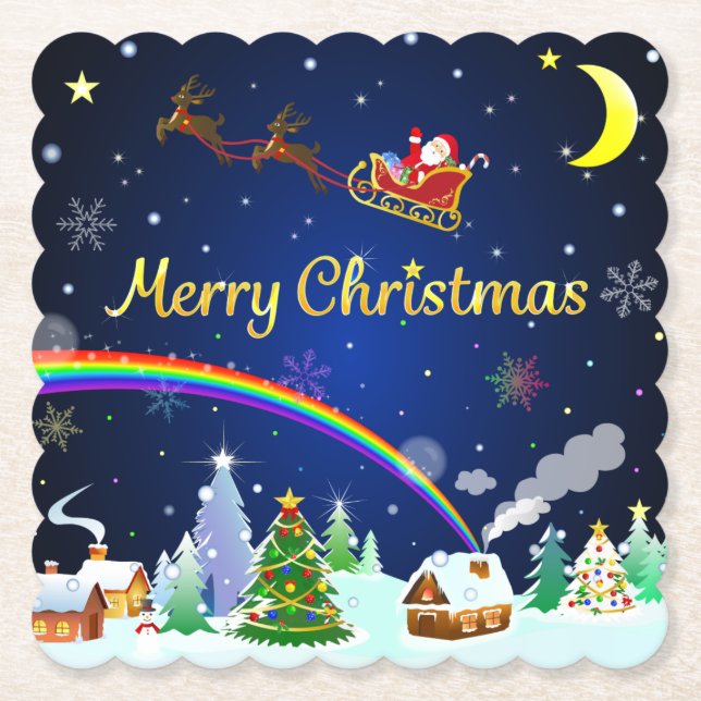 Flying Santa Claus with Crescent Moon Paper Coaster (Front)