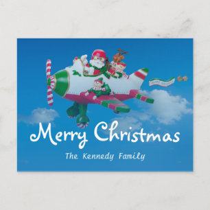 Flying Santa Claus with Elves in Aeroplane Holiday Postcard