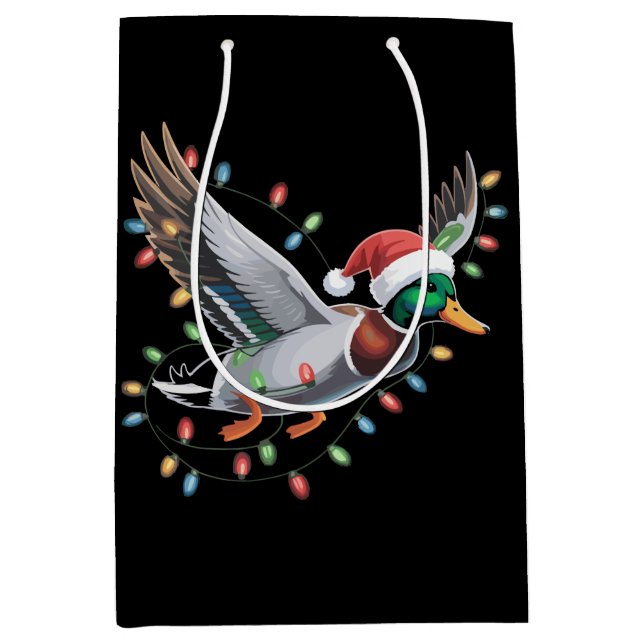 Flying Santa Duck Christmas Lights Hunting Season Medium Gift Bag (Front)