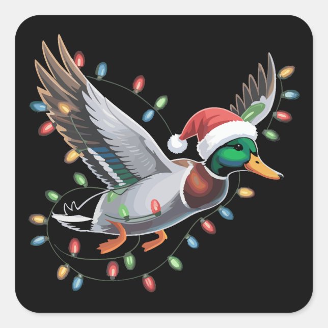Flying Santa Duck Christmas Lights Hunting Season Square Sticker (Front)