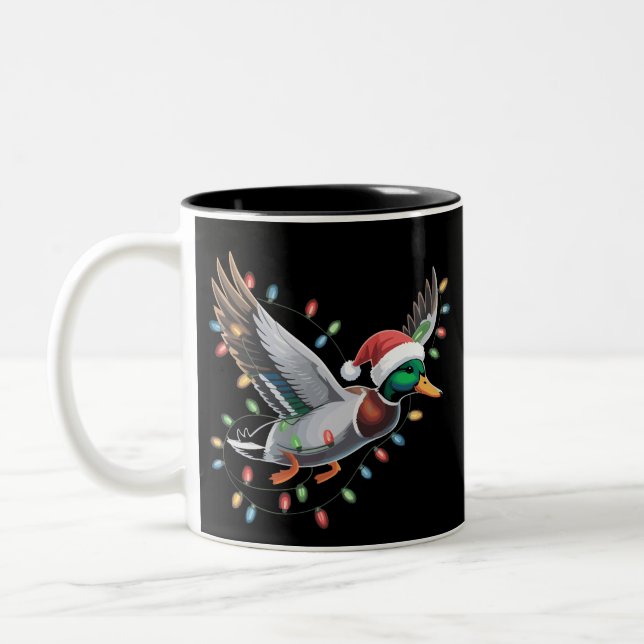 Flying Santa Duck Christmas Lights Hunting Season Two-Tone Coffee Mug (Left)