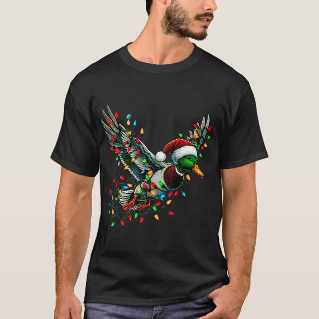 Flying Santa Duck With Christmas Lights Hunting Se T-Shirt (Front)
