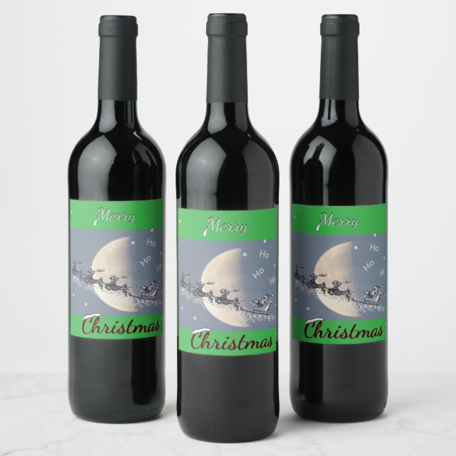 Flying Santa in Reindeer-Sled Christmas Wine Label (Bottles)