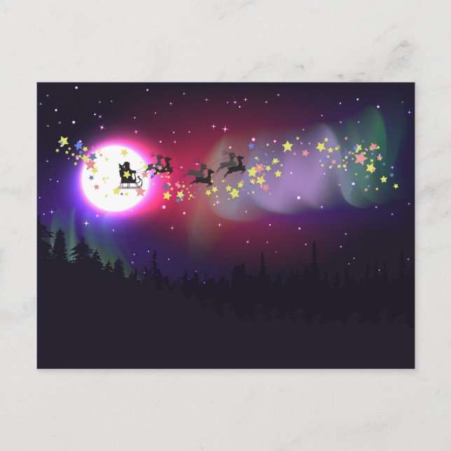 Flying Santa over Aurora Borealis Holiday Postcard (Front)
