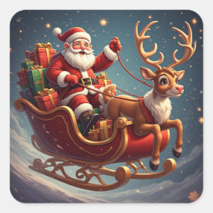 Flying Santa Sleigh Christmas Night Square Sticker