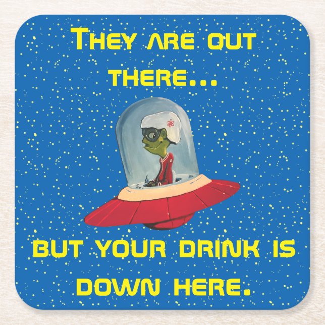 FLYING SAUCER ALIEN BLUE by Jetpackcorps Square Paper Coaster (Front)