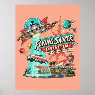 Flying Saucer Drive-In Retro Wall Art Poster - Out
