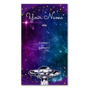 Flying   saucer  in the purple artistic galaxy  bu 	Magnetic business card