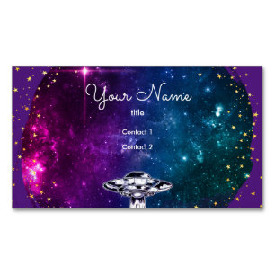 Flying saucer in the purple artistic galaxy Magnetic business card
