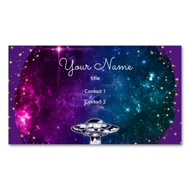 Flying   saucer  in the purple artistic galaxy 	Magnetic business card (Front)