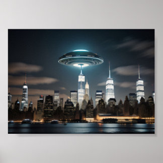 Flying Saucer Over City Poster