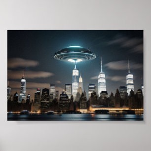Flying Saucer Over City Poster