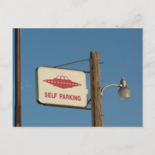 Flying saucer parking sign postcard