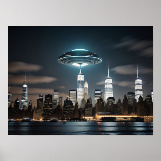 Flying Saucer UFO Over a City Poster (Front)