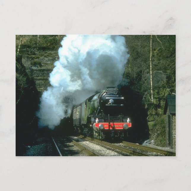Flying Scotsman caught between tunnels at Barons W Postcard (Front)