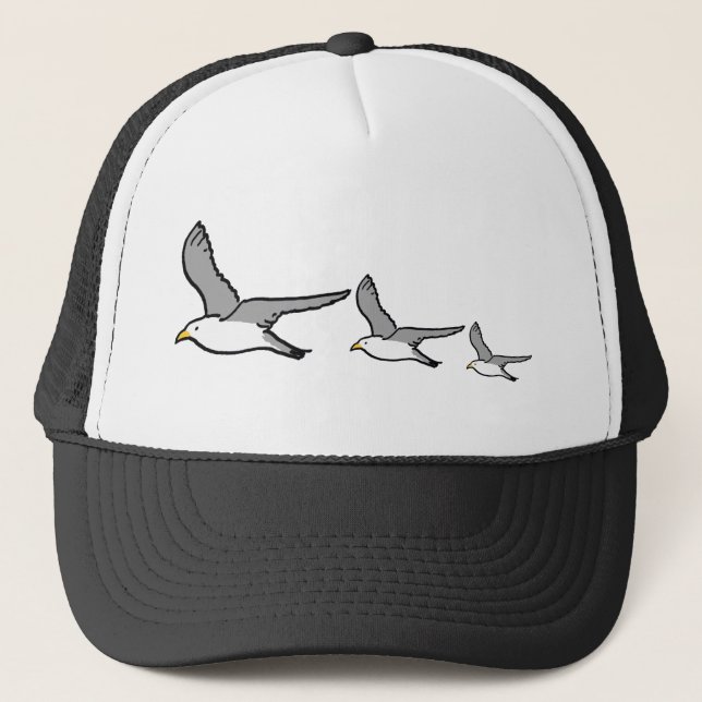 Flying Seagulls Illustration on a Birdwatcher's Trucker Hat (Front)