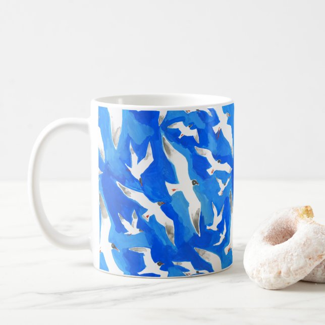 Flying seagulls on sky blue coffee mug (With Donut)