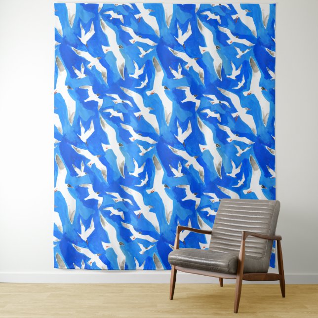 Flying seagulls on sky blue tapestry (In Situ)