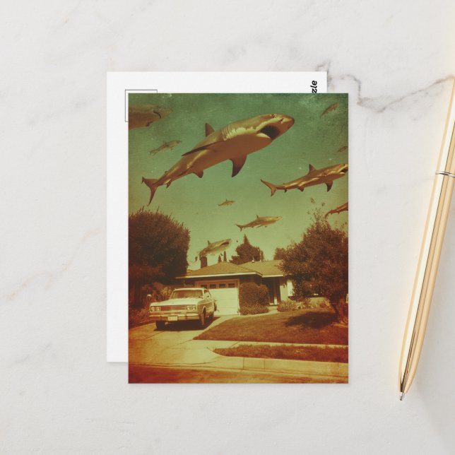 Flying Sharks in the Neighbourhood  Vintage  Postcard (Front/Back In Situ)