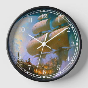 Flying Ship Fantasy Art Clock