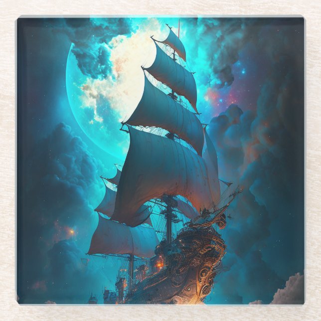 Flying Ship Fantasy Art Glass Coaster (Front)