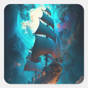 Flying Ship Fantasy Art Square Sticker