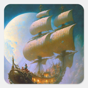 Flying Ship Fantasy Art Square Sticker