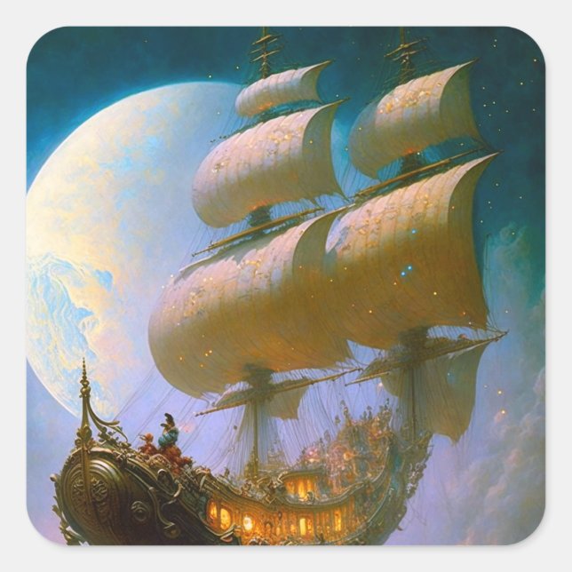 Flying Ship Fantasy Art Square Sticker (Front)