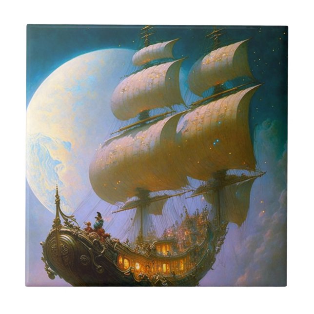 Flying Ship Fantasy Art Tile (Front)