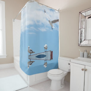 Flying Sitting Seagulls Birds Blue Sky Shower Curtain