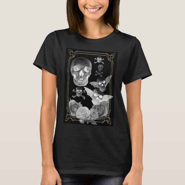 Flying skulls and gothic roses T-Shirt (Front)