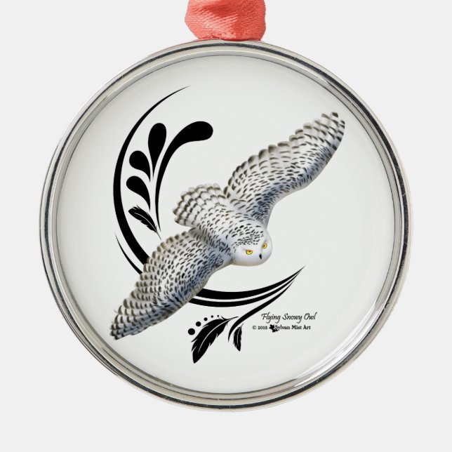 Flying Snowy Owl Metal Tree Decoration (Front)