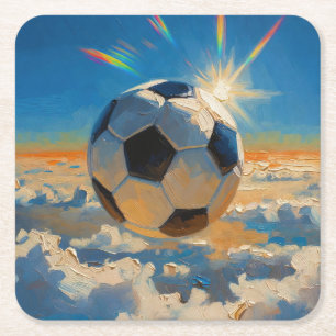 Flying Soccer Ball Artwork (Oil Painting No. 4) Square Paper Coaster
