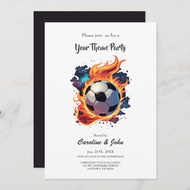 Flying soccer ball with flames.  invitation (Front/Back)