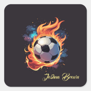 Flying soccer ball with flames. square sticker