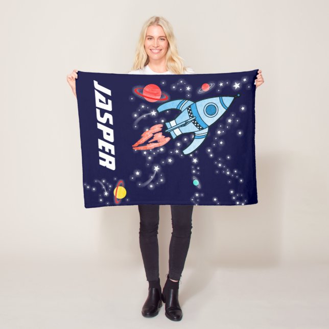 Flying space rocket blue planets and stars fleece blanket (In Situ)