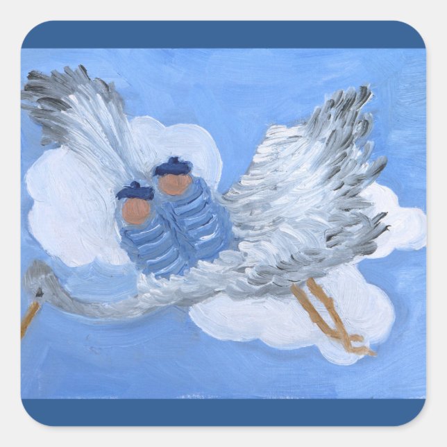 Flying Stork and Twin Baby Boys:Susan Payne-Trutna Square Sticker (Front)