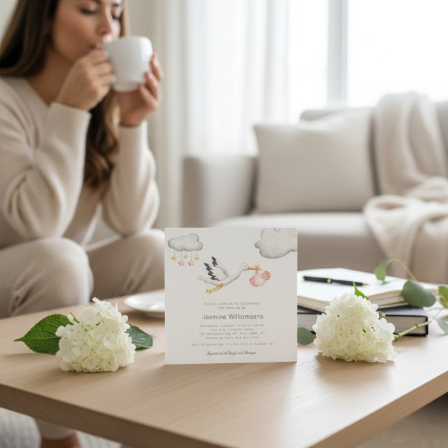 Flying Stork Clouds Stars Baby Shower Invitation (Creator Uploaded)