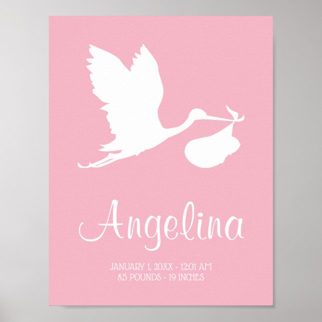 Flying Stork with Baby Bundle Nursery Art Pink Poster (Front)