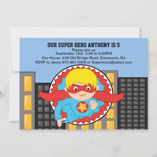 Flying Super Hero Boys Birthday Invitation (Front)