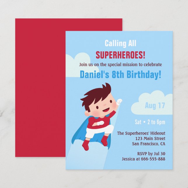 Flying Superhero Boy Kids Birthday Party Invitation (Front/Back)