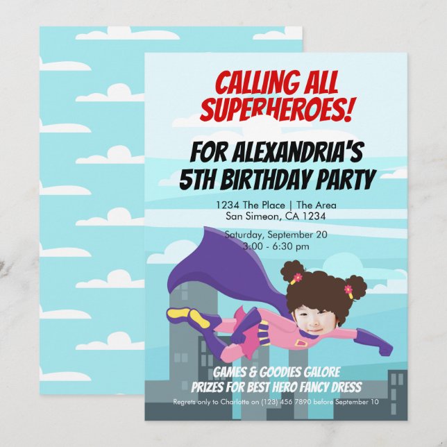 Flying Superhero Comic Birthday Party (Girl) Invitation (Front/Back)