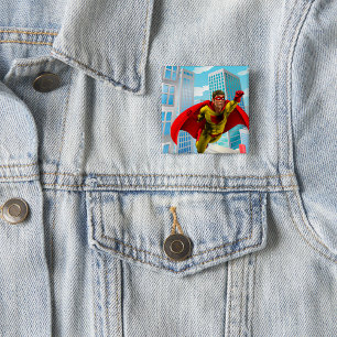 Flying Superhero Comic Style Red and Yellow Hero  15 Cm Square Badge