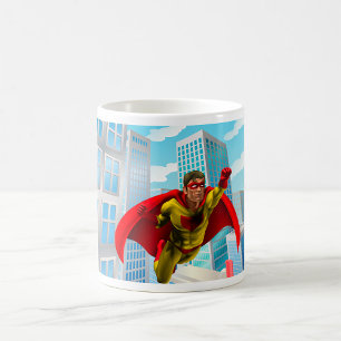 Flying Superhero Comic Style Red and Yellow Hero Coffee Mug